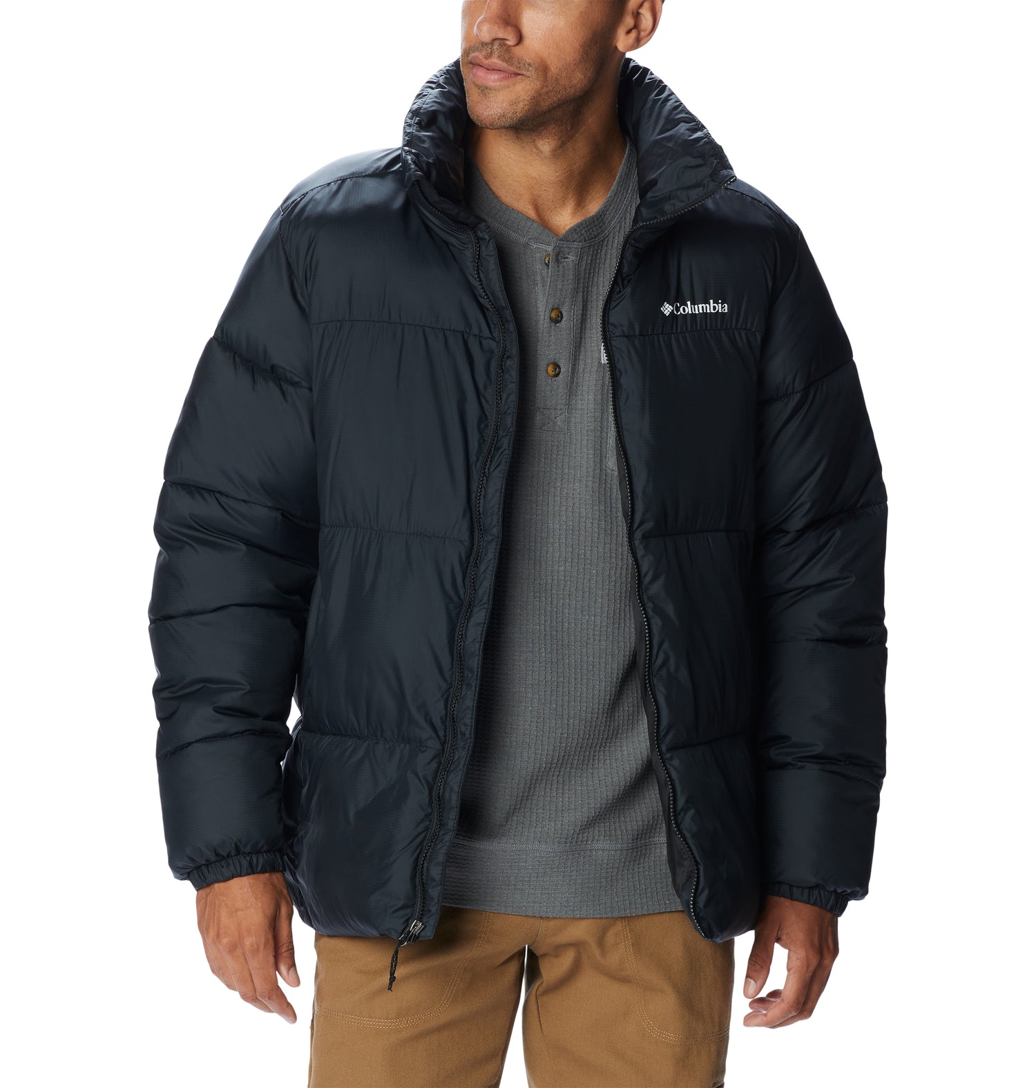 Hoodless puffer jacket shop